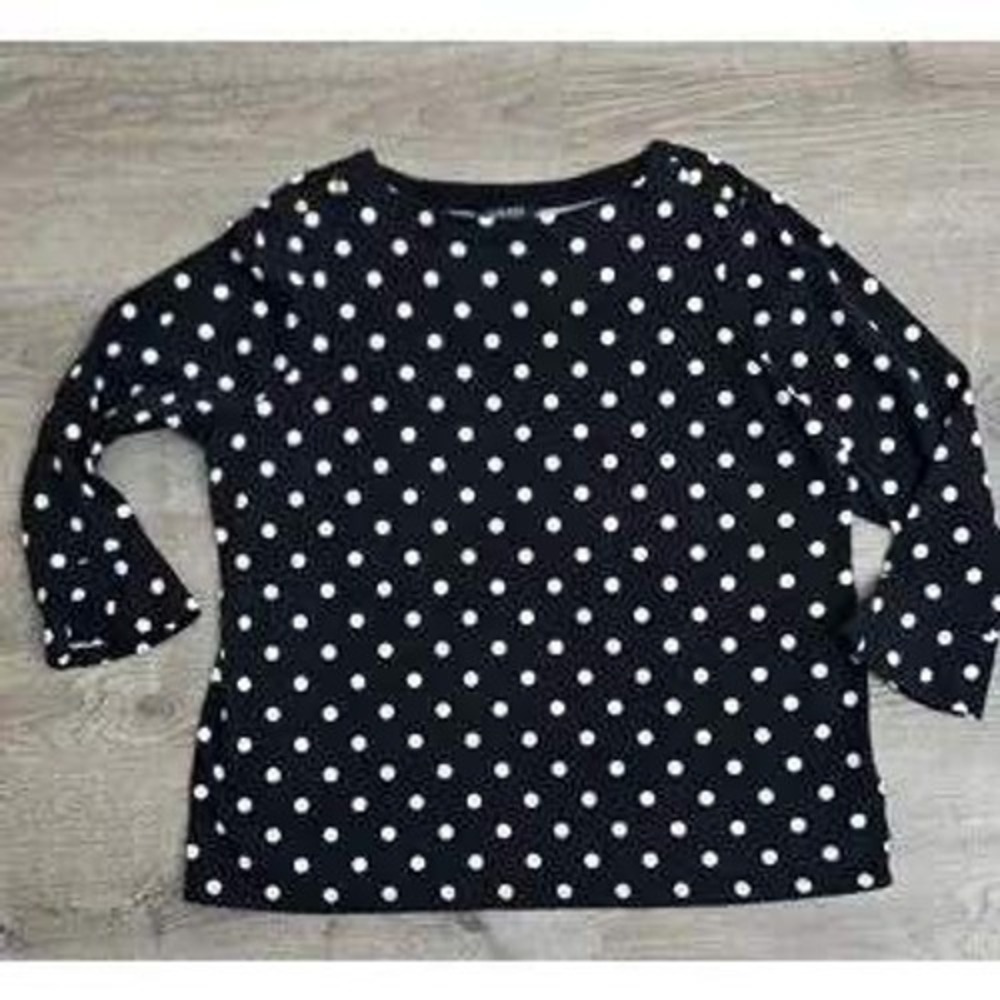 Lauren Ralph Lauren Womens Black White Polka Dot Boat Neck Button Shoulder Top M